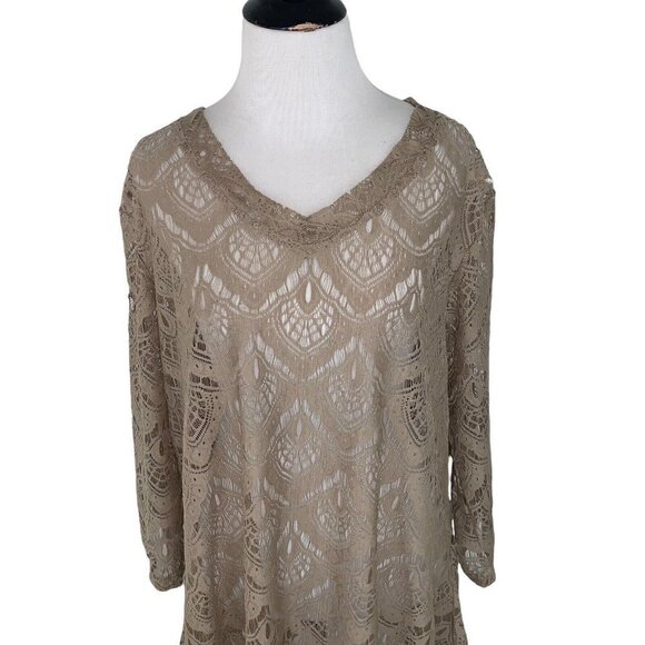 Pleasant Shade Junior Size XL Lace Mini Dress Beach Coverup Semi Sheer Tan - Picture 2 of 6